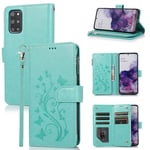 SUMOON Samsung S20 FE Flip Case for Women/Men,PU Leather Folio Cover Zipper Wallet Purse with Card Holder Strap Stand Money Pouch Flower Embossed Magnetic Closure Galaxy S20 FE 5G Case Mint Green