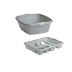 Wham Rectangular Washing Up Bowl and Large Dish Drainer Plastic Set of 2 (Silver/Grey)