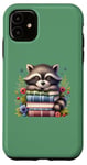 Coque pour iPhone 11 Vert mignon raton laveur dormant sur des livres empilés Scène paisible