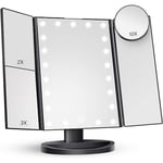 (Kampanj) Smink Spegel Toalettbord med Ljus, 2X 3X 10X Förstoring, Upplyst Spegel, Touchkontroll, Tri-Fold Dubbel Strömförsörjning, Bärbar LED (Svart)