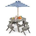 Åttakantig bordstablett av trä med 4 stolar & Höjdjusterbart parasoll picknickbord grått