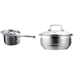 Le Creuset 3-Ply Stainless Steel Saucepan with Lid, 18 x 11.1 cm & Le Creuset 3-Ply Stainless Steel Multi Steamer Insert with Glass Lid, for use with 3Ply Stainless Steel Pans, 16 cm to 20 cm