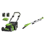 Greenworks 2 x 24V 46cm Battery Powered Lawn Mower Up to 480 m² 55L Grass Catcher with 2X 4 Ah Battery and Charger + Long Reach Polesaw up to 2.8m