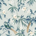 Arthouse Oriental Birds Wallpaper Exotic Flowers Leaves Grey / Blue 924500