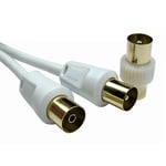 3M White - TV Aerial Fly Lead with Male Adapter Coupler - Coaxial TV Cable - Male to Female Antenna AV Coax Extension Cable - GOLD Plated Connectors (3.0M 3 Metres, White)
