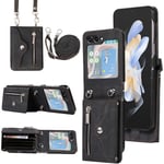 Plånboksfodral för Samsung Galaxy Z Flip 6 med axelrem, kortfack, stativ och läderfodral black
