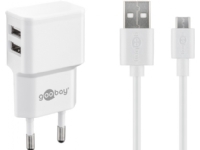 Goobay Micro USB dobbel ladesett 2,4 A, hvit, 1 m - strømforsyning med 2x USB-kontakt og mikro USB-kabel (44985)