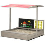Outsunny Kids Wooden Sandpit, Sandbox w/ Canopy, Seats, for Gardens - Grey