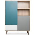 Buffet haut - Chêne Sonoma, blanc, gris et bleu - Style scandinave - CUBA - L 103 x P 40 x H 139  cm