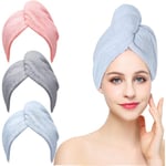 3-pack torkhandduk för hår, superabsorberande snabb torkande hårhuva Pink grey blue 25*70cm