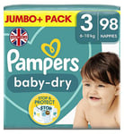 Pampers Baby-Dry Size 3, 98 Nappies, 6kg - 10kg, Jumbo+ Pack