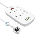 4 Way Extension Lead, Multi Plug Power Strip with 4 USB Ports (QC 18W+5V 3.1A), BEVA Quick Charge 3.0 Power Extension UK Socket Plug, Wall Mounted, 2M Cable for Home Office - 2500W/10A