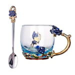 C&Z Enamel Glass Mug Butterfly Flower Lead-Free Drinking Tea Cup Coffee Mugs with Steel Spoon Set for Women Birthday Valentines Wedding Day Gifts Blue