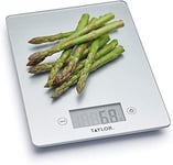 Taylor Pro Digital Glass Kitchen Food Scales, Ultra Thin Compact Design, Professional Standard with Tare Feature, Silver Finish Weighs 5 kg Capacity