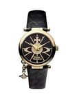 Vivienne Westwood Orb Ii Black And Gold Logo Dial Gold Plated Case And Charm Black Leather Strap Ladies Watch