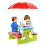 GOPLUS Table Pique-Nique Enfant, Table Enfant Extérieure avec Parasol Amovible, Salon de Jardin en PP, Banc Enfant pour Terrasse,Patio, Balcon (Bleu+Rouge+Vert)