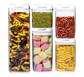 Airtight Food Storage Jars Set of 5, Plastic BPA Free Keep Food Fresh Dry Kitchen Pantry Cereal Container Set for Pasta, Candy, Snacks, with Labels & Chalk Marker (White, 1.9L/1.2L/0.8Lx2/0.5L)