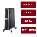 Daewoo 2500W 11 Fin Oil Filled Radiator Heater Thermostat 24 Hour Timer - BLACK