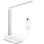 PENDEI LED Desk Lamp, Desk Lamp with USB Charging Port, 5 Color Lighting Modes, 5 Brightness Levels, Touch Control, Auto Timer, Dimmable Eye-Caring Office Table Lamps for Reading Work Study (Silver)
