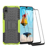 HAOTIAN Case for Xiaomi Redmi 9AT / Redmi 9A Case and 2 Screen Protector, Rugged PC/TPU Double Layer Hybrid Armor Cover, Anti-Scratch PC Back Panel + Shockproof TPU Inner + Foldable Holder. Green