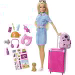 Barbie-docka och reseuppsättning, med valp, bagage och 10+ tillbehör