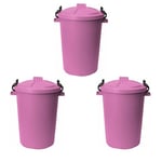 Set of 3 Plastic 50L Dustbin Heavy Duty Storage Kitchen Home Locking Lid, Pink