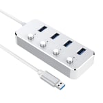 LITTONE® USB Hub 3.0 Aluminum Powered 4 Port USB Splitter Portable Data Hub Individual On/Off Switch 4-Ports Silver