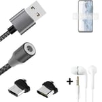Magnetic charging cable + earphones for Nokia G60 5G + USB type C a. Micro-USB
