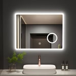 Miroir de salle de bain avec éclairage 80x60cm lumineux Miroir Mural avec 3x Loupe, Commutateur Tactile - Meykoers
