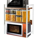 Shally Dogan Étagère à micro-ondes en acier, étagère de cuisine avec étagère à épices, unité d'étagères à 2 compartiments avec pieds antidérapants, design moderne (beige + blanc)