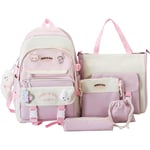 Kawaii ryggsäck set med 5 delar estetisk ryggsäck för skolungdomars dagliga behov med charm och stift, pennfodral, tote väska, liten väska.
