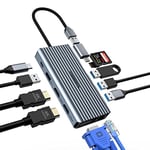 HOPDAY 12 in 1 USB C Hub, USB C Station d'accueil Triple Display Via VGA/2*HDMI, MacBook Pro/Air USB C Adaptateur (USB A 3.0,1g Ethernet, PD 100W, Mic 3,5 mm, SD/TF) Dongle pour Dell, HP, Lenovo
