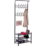 Tall Entryway Coat Stand With 3 Tier Shoe Rack, Black Metal Multi-purpose Clothing Hooks For Hallway. Home Furniture And Storage organizer