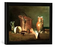 'Encadré Image de Jean-Baptiste de Siméon Chardin "Marmite de cuivre avec une burette d'huile, un fromage entamé, un couteau de cuisine, une poivrière, une tranche de saumon, qua, d'art dans le cadre de haute qualité Photos fait main, 40 x 30 cm, noir mat