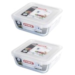 Pyrex Microwave Safe Classic Square Glass Dish with Plastic Lid 0.85 Litre White (Pack of 2)