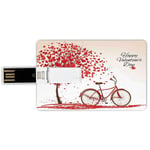 16G USB Flash Drives Credit Card Shape Valentines Day Memory Stick Bank Card Style Romantic Tree Blooming Red Hearts with Bike and Petals Vintage Art,Pink Red Waterproof Pen Thumb Lovely Jump Drive U