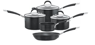 Circulon Momentum Non Stick Pots and Pans Set of 5 - Suitable as Induction Hob Pan Set with Toughened Glass Lids, Soft Grip Handles, Dishwasher Safe, Metal Utensil Safe, Black