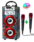 DYNASONIC - Enceinte (3e génération Haut-Parleur Bluetooth Portable avec Mode karaoké et Microphone, Radio FM et Lecteur USB SD (modèle 21, lumières discotees)