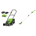 Greenworks Lawnmower, 24VX2 Mower 36 cm Cutting Width up to 250m² with 40 L Grass Catcher Bag and 5-Fold Central Cutting Height Adjustment + 2x 2 Ah Battery + Charger + Telescopic Hedge Trimmer tool