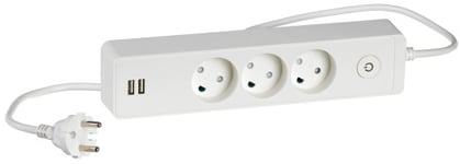 LK Stikdåse med 3 udtag, USB og afbryder i hvid - 1,5 meter