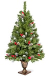 Sapin de Noël Artificiel 120 cm avec Décoration de Flocon de Neige, 300 Pointes de Feuilles de Pin, 21 Pommes de Pin, 21 Baies Rouges, Pot d'arbre Rétro Robuste, Décorations de Noël