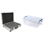 PeakTech 7265 - Carrying Case for Measurement Instruments, Resistant Aluminum Case & 4 Bankers Box 10L Plastic Storage Boxes with Lids, ProStore Super Strong Stackable Plastic Storage Boxes, Clear