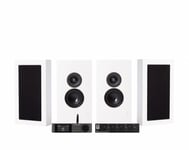 Dynavoice CA802BT med SC4B &amp; 2 par DLS Flatbox Midi Vita Vägghögta