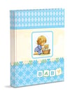 Album photo, bleu ciel, naissance enfant, avec journal, 23 x 30 cm, 56 pages blanches et 4 pages personnalisables, pages en carton épais et résistant, entrecoupées de Pergamino