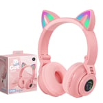 Kids Headphones Wireless Light Up Cat Ear Bluetooth Headphones Over Ear Foldable Headphones Wireless/Wired On-Ear Stereo Headset with Microphone LED Light (PINK)