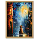 A Street Cat Named Desire Palette Knife Oil Painting Ginger Cat Village Night Artwork Framed Wall Art Print A4