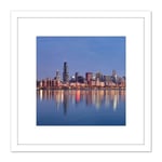 Schwen Chicago Skyline Sunrise Reflection Panorama 8X8 Inch Square Wooden Framed Wall Art Print Picture with Mount