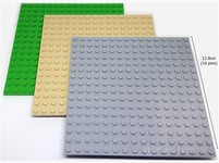 LEGO 3 x 16x16 Pin/Stud PLATES Baseplate - 1xTAN 1xGREY & 1xGREEN (12.8x12.8cm)
