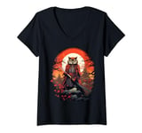 Womens Vintage samurai Owl on Japanese ninja art Owl V-Neck T-Shirt
