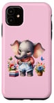 Coque pour iPhone 11 Bébé éléphant rose en tenue, fleurs et papillons